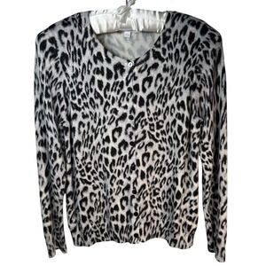 Chicos Leopard Print Metallic Cardigan Gray Black Tan Shimmer Size 1 Medium 8-10